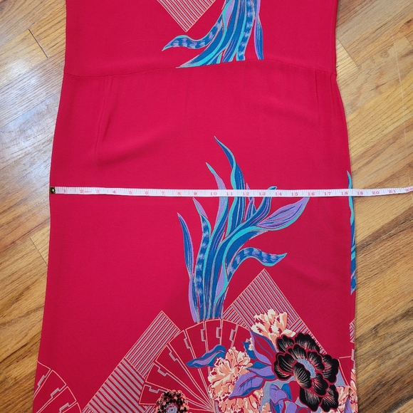 Lizzy & Johnny Silk Dress Red With Floral Asian Print Side Slit Slit Sleeves - Picture 13 of 16